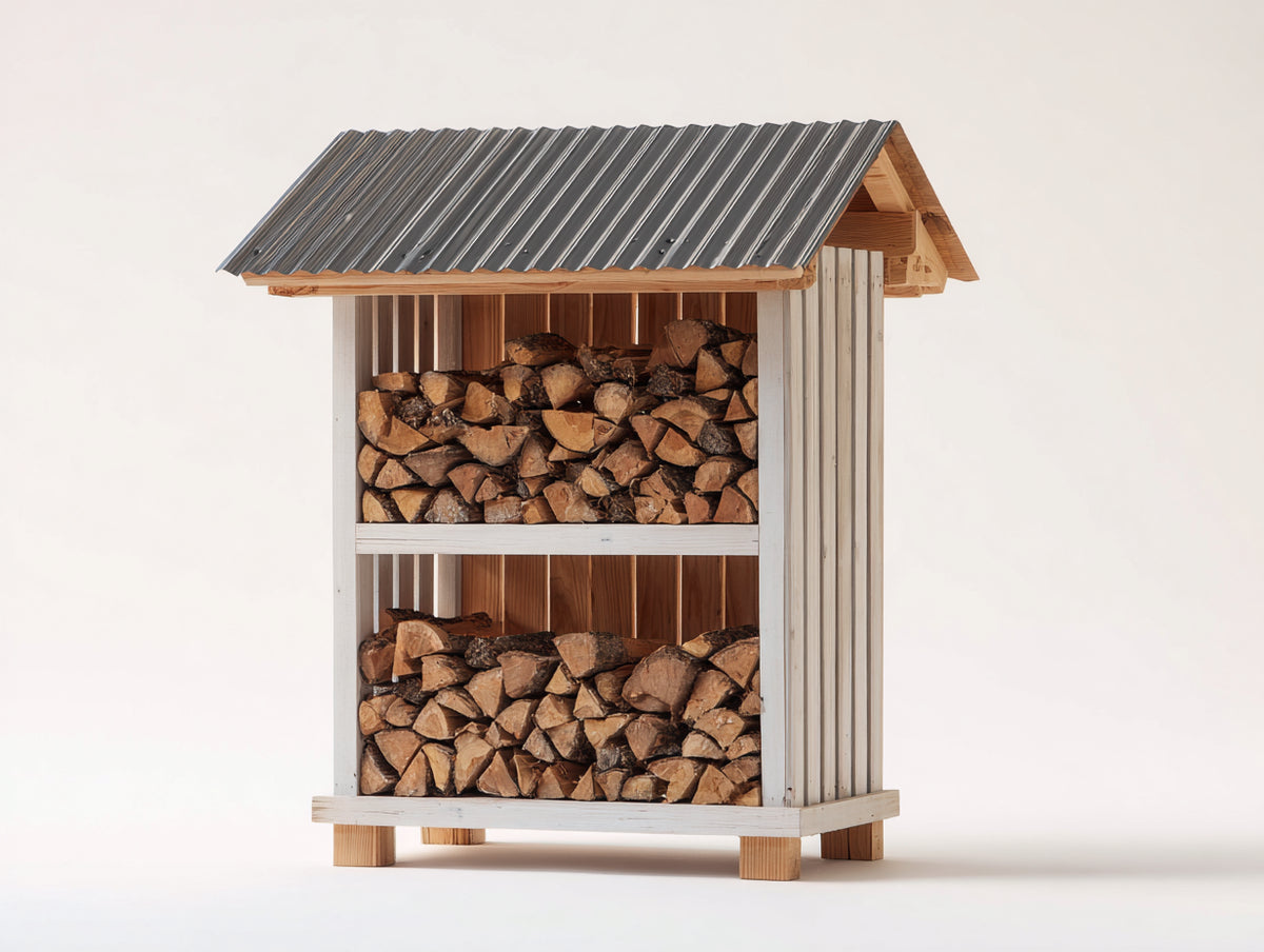 Kaminholzregal Holz 160x65x165 cm - weiß naturholzfarben dunkelgrau - mit Wellblechdach