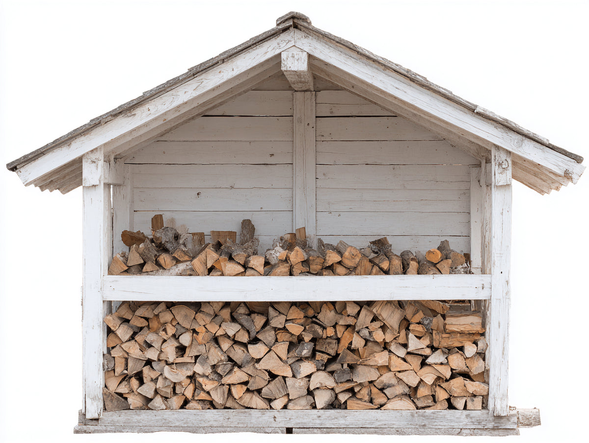 Kaminholzregal Holz 220x60x175 cm - Weiß-Grau - Rustikal mit Satteldach und 2 Ebenen