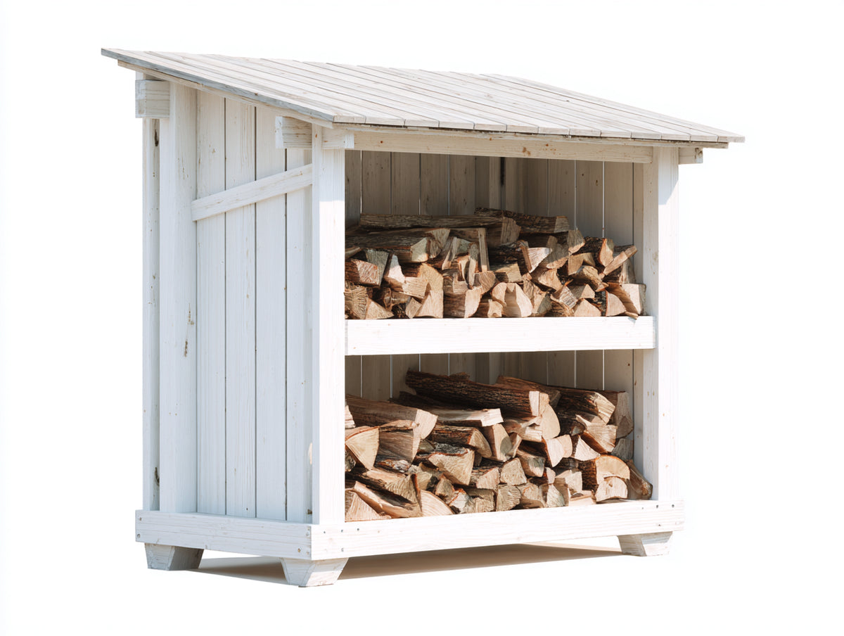 Kaminholzregal Massivholz 120x60x125 cm - Weiß Naturfarben - Rustikales Design mit Dach und 2 Lagerebenen