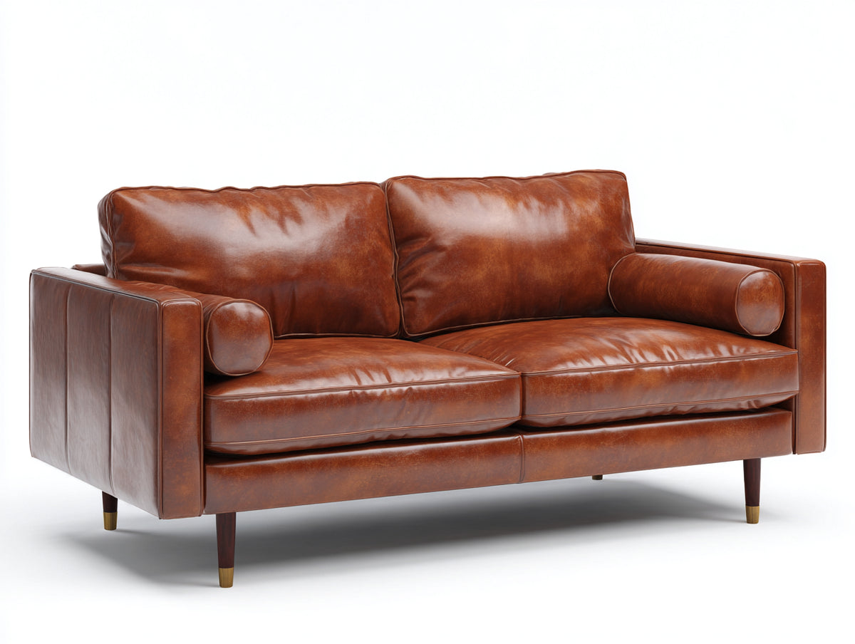 Zweisitzer Sofa Lederoptik 178x88x84 cm - Cognacbraun Dunkelbraun Gold - Modernes Vintage Design mit Holzrahmen