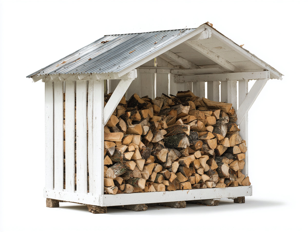 Kaminholzregal aus Holz 180 x 75 x 185 cm - Weiß-Silbergrau - Überdachte Bauweise mit Satteldach