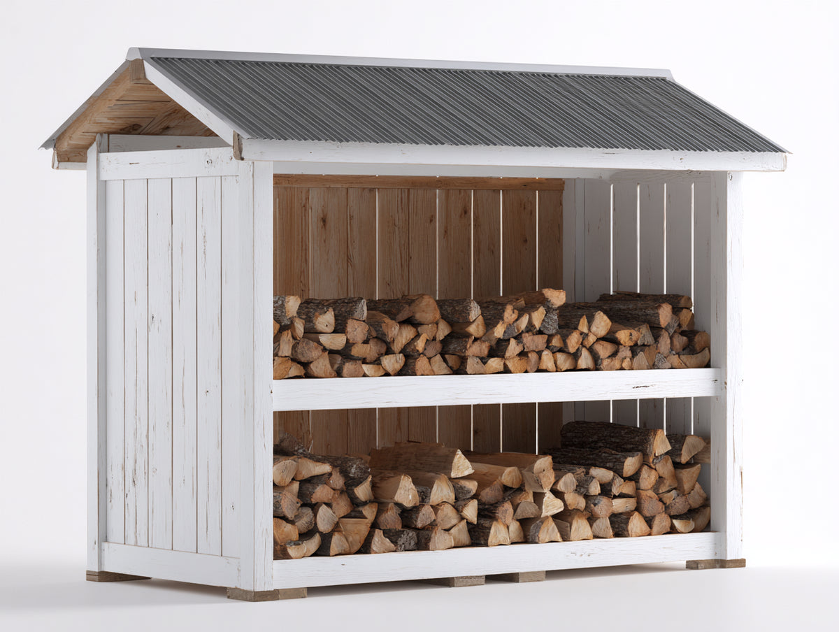 Kaminholzregal Holz 220x80x180 cm Weiß Grau Natur Garten Terrasse Überdacht mit 2 Ebenen