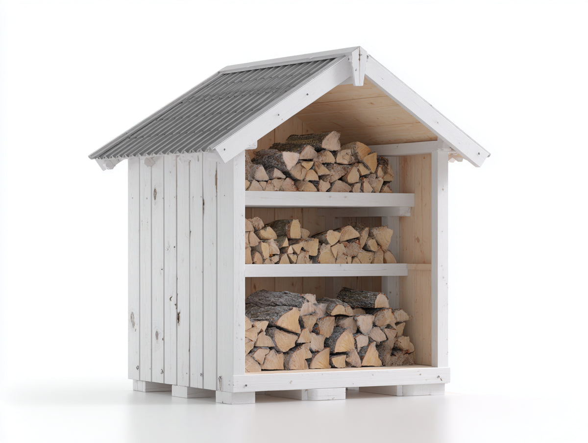 Kaminholzregal Holz Metall 140x65x165 cm - Weiß Grau Naturfarben - Landhausdesign mit Wellblechdach