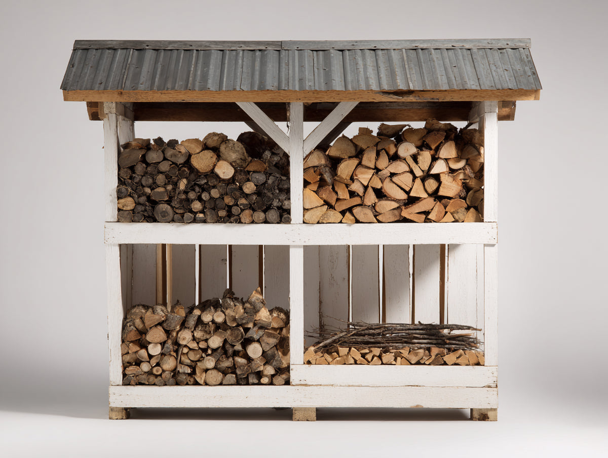 Kaminholzregal Holz Metall 180x55x170 cm - Weiß Grau Naturfarben - Rustikales Design mit Wellblechdach und 4 Lagerfächern